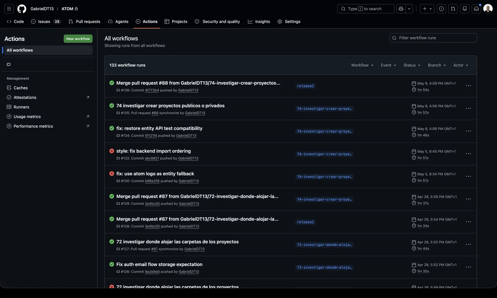 Continuous integration history in GitHub Actions